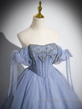 Blue A-Line Tulle Beads Long Evening Prom Dresses, Blue Long Formal Dresses